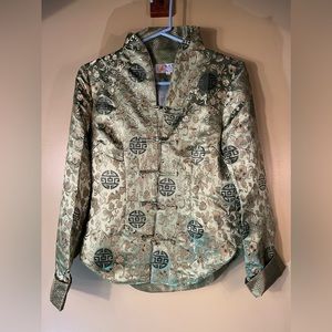 Vintage Green Laogudai Asian Style Lined Jacket Mandarin Collar Bricade